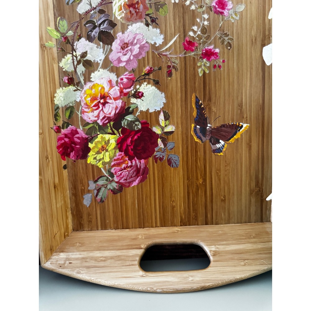 Floral Bamboo Serving Tray with Handles Rose Butterfly Botanical Wood Platter - Picture 3 of 4
